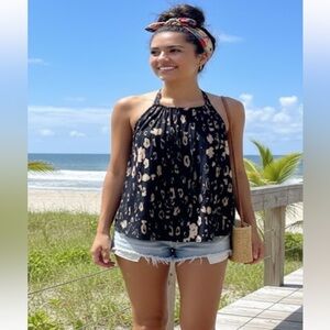 Anthropologie Black and Tan Patterned Halter.Blouse . SIZE L